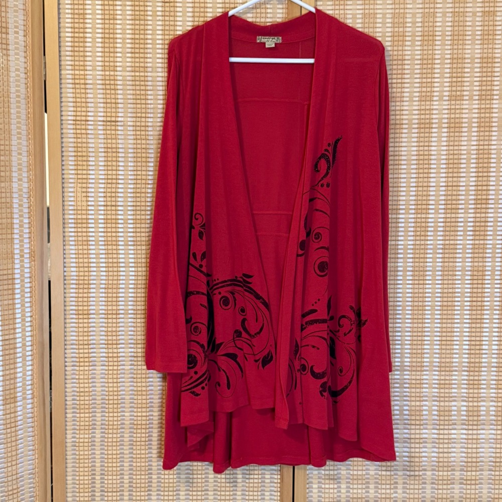 Energe World Wear Womens XL Red Black Scroll Print Open Front Cardigan High Low